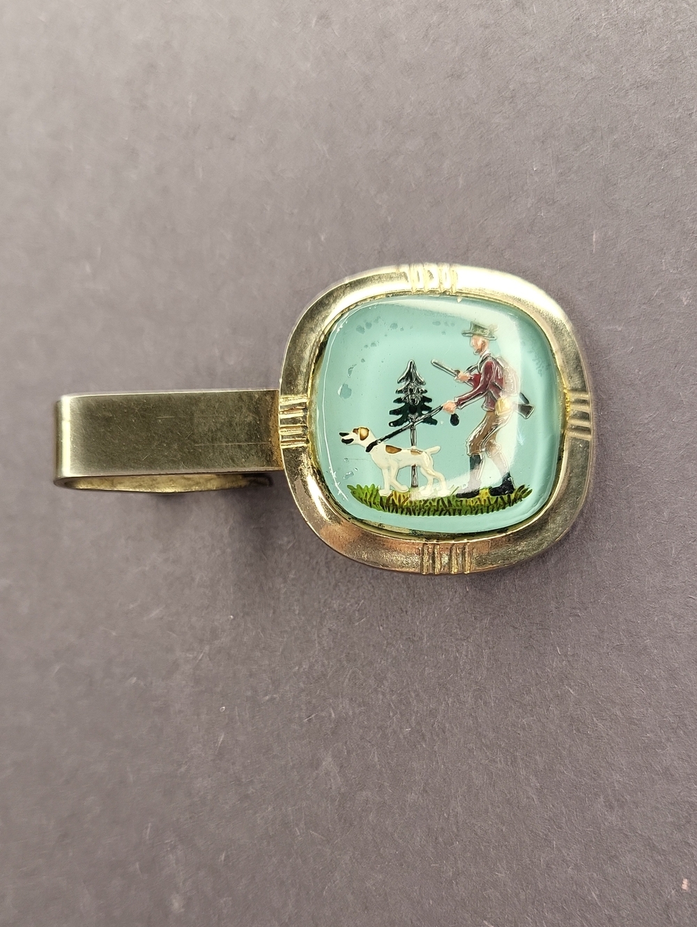 Tie Clip with Light Blue Enamel Hunting Scene